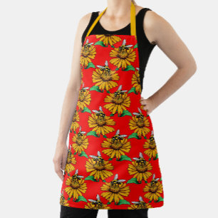 Bee on Sunflower Flower Pattern Design Red Apron