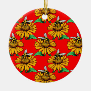 Bee on Sunflower Flower Pattern Design Red Ceramic Ornament