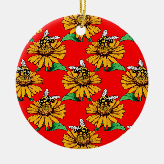 Bee on Sunflower Flower Pattern Design Red  Ceramic Ornament (Front)