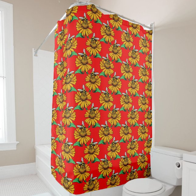 Bee on Sunflower Flower Pattern Design Red  Shower Curtain (Creator Uploaded)