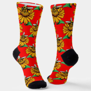 Bee on Sunflower Flower Pattern Design Red  Socks