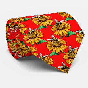 Bee on Sunflower Flower Pattern Design Red Tie