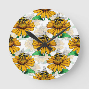 Bee on Sunflower Flower Pattern Design Round Clock