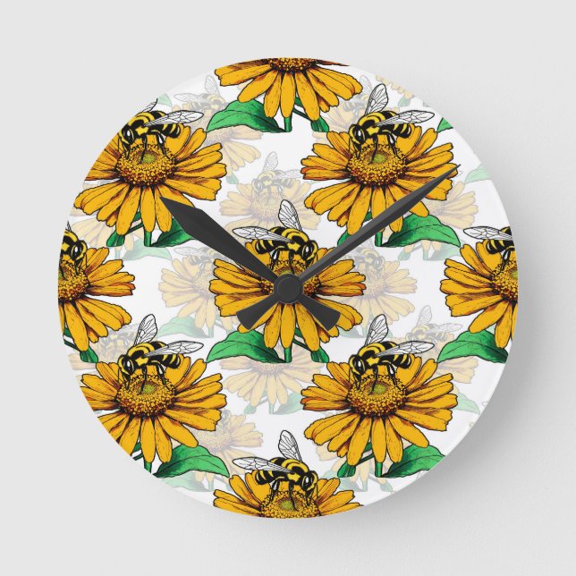 Bee on Sunflower Flower Pattern Design  Round Clock (Front)