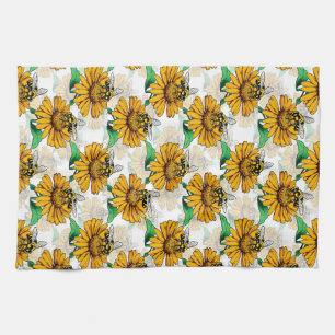 Bee on Sunflower Flower Pattern Design Tea Towel