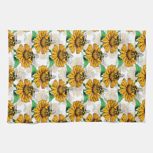 Bee on Sunflower Flower Pattern Design  Tea Towel (Horizontal)