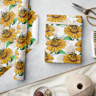 Bee on Sunflower Flower Pattern Design Wrapping Paper
