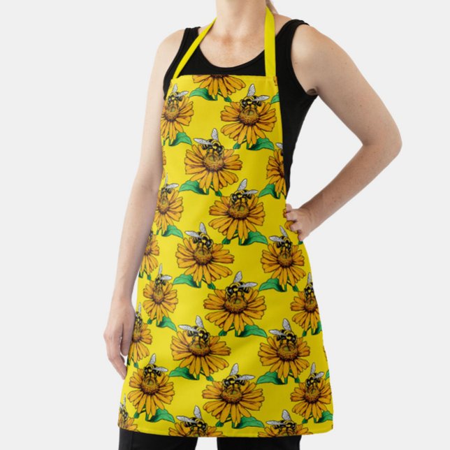 Bee on Sunflower Flower Pattern Design Yellow  Apron (Creator Uploaded)