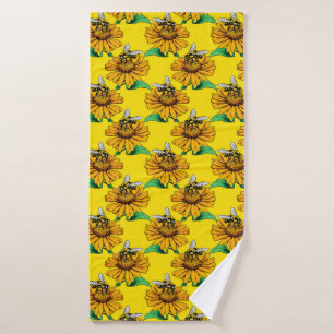 Bee on Sunflower Flower Pattern Design Yellow Bath Towel
