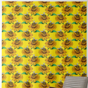 Bee on Sunflower Flower Pattern Design Yellow Fabric