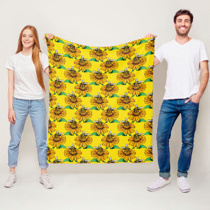Bee on Sunflower Flower Pattern Design Yellow Fleece Blanket