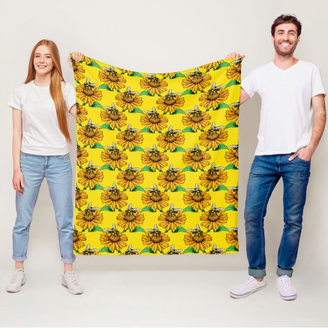 Bee on Sunflower Flower Pattern Design Yellow  Fleece Blanket (Creator Uploaded)