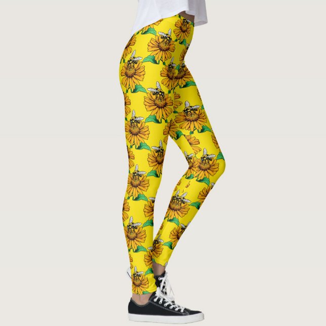 Bee on Sunflower Flower Pattern Design Yellow  Leggings (Creator Uploaded)