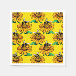 Bee on Sunflower Flower Pattern Design Yellow Napkin