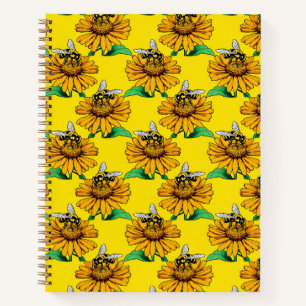 Bee on Sunflower Flower Pattern Design Yellow  Notebook