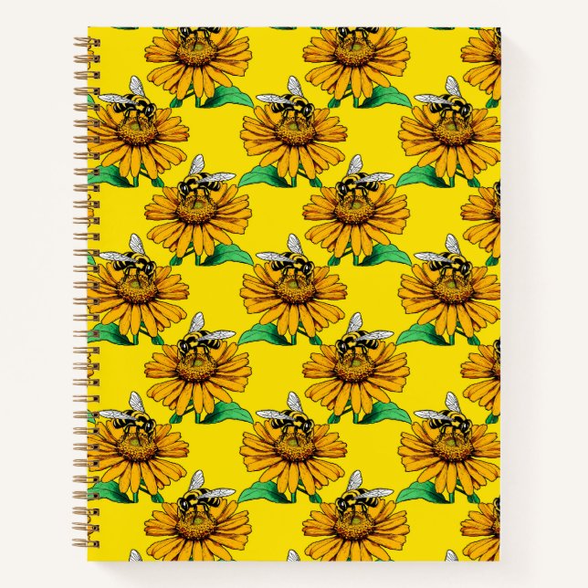Bee on Sunflower Flower Pattern Design Yellow  Notebook (Front)