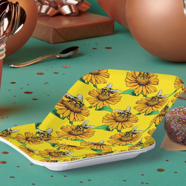 Bee on Sunflower Flower Pattern Design Yellow  Paper Plate (Creator Uploaded)