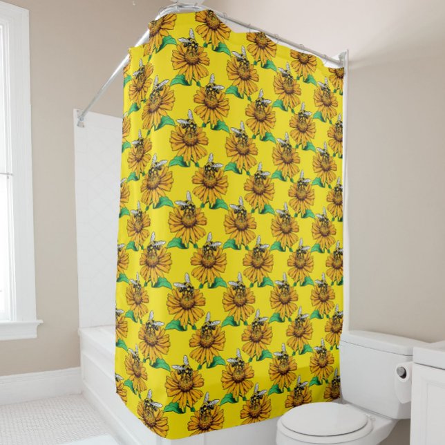 Bee on Sunflower Flower Pattern Design Yellow  Shower Curtain (Creator Uploaded)