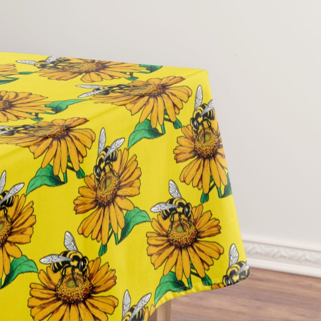 Bee on Sunflower Flower Pattern Design Yellow  Tablecloth (Creator Uploaded)