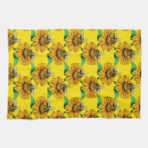 Bee on Sunflower Flower Pattern Design Yellow Tea Towel