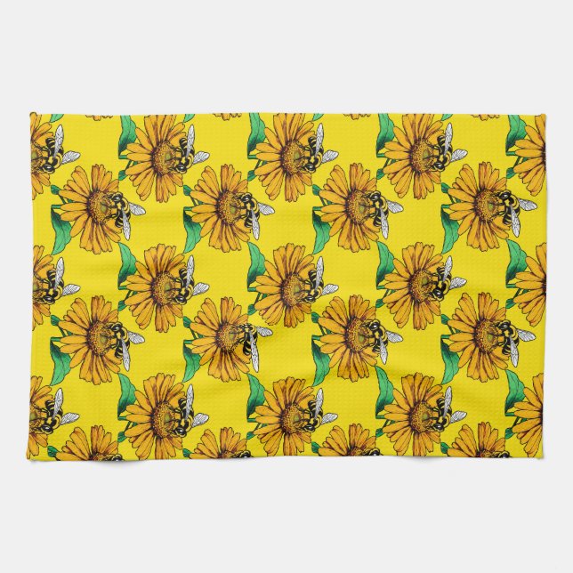 Bee on Sunflower Flower Pattern Design Yellow  Tea Towel (Horizontal)