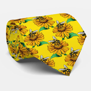 Bee on Sunflower Flower Pattern Design Yellow Tie