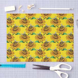 Bee on Sunflower Flower Pattern Design Yellow Tissue Paper