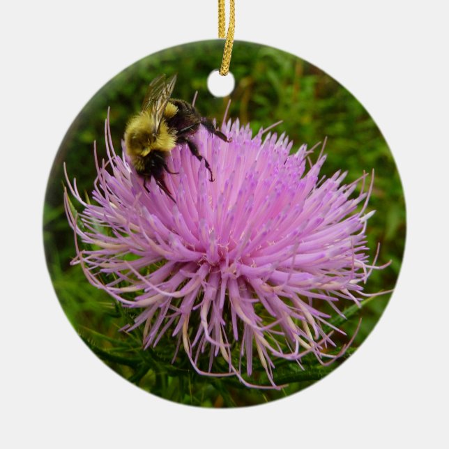 Bee on Thistle Flower Nature Ceramic Ornament (Front)