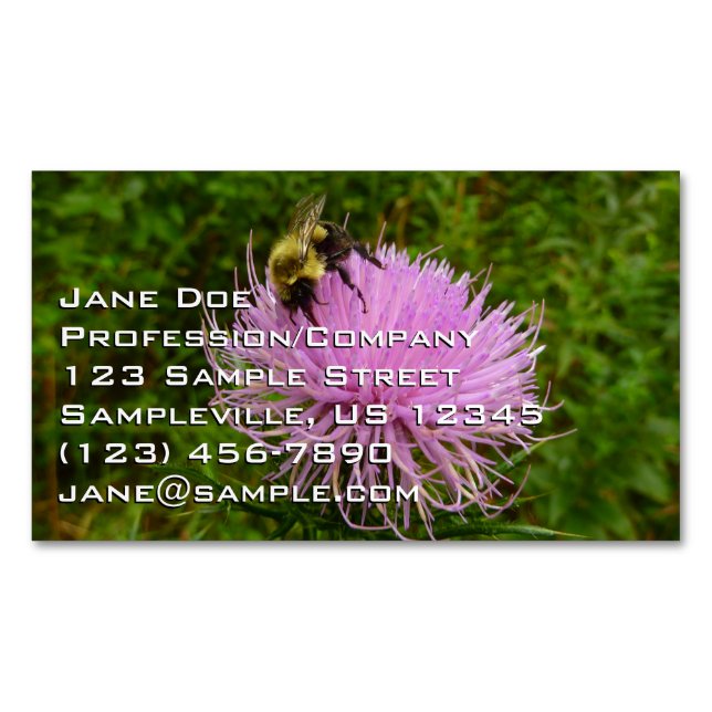 Bee on Thistle Flower Nature Magnetic Business Card (Front)