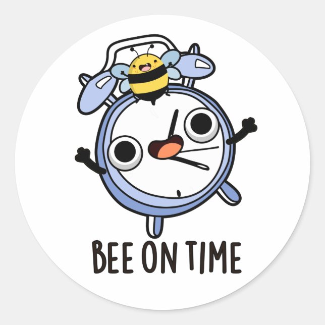 Bee On Time Funny Insect Clock Pun  Classic Round Sticker (Front)