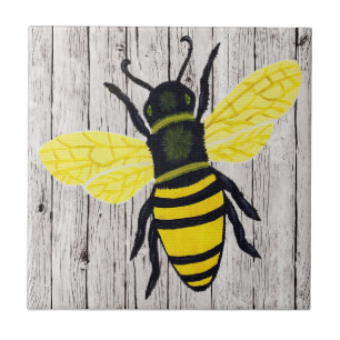 Bee on Wooden Fence Ceramic Tile