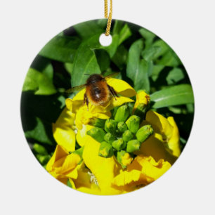 Bee on Yellow Flowers Ceramic Ornament