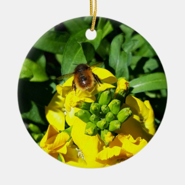 Bee on Yellow Flowers Ceramic Ornament (Front)
