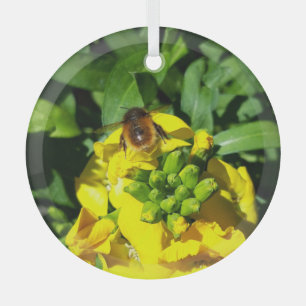 Bee on Yellow Flowers Glass Tree Decoration