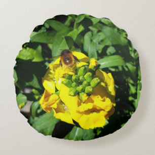 Bee on Yellow Flowers Round Cushion