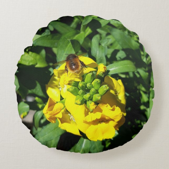 Bee on Yellow Flowers Round Cushion (Front)