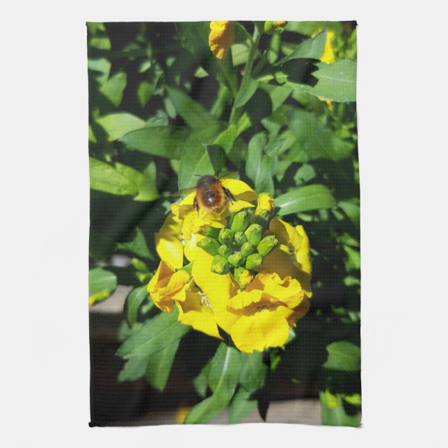 Bee on Yellow Flowers Tea Towel (Vertical)