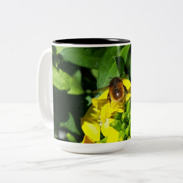 Bee on Yellow Flowers Two-Tone Coffee Mug (Front Left)