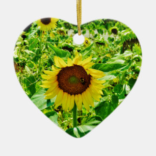 Bee on yellow Sunflower Ceramic Ornament