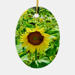 Bee on yellow Sunflower Ceramic Ornament