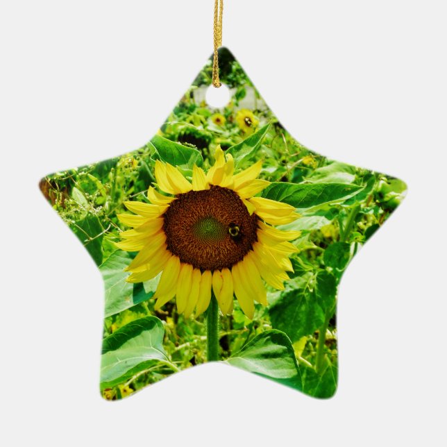 Bee on yellow Sunflower Ceramic Tree Decoration (Front)