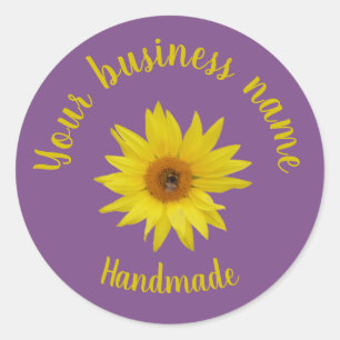 Bee on yellow sunflower purple handmade script cla classic round sticker