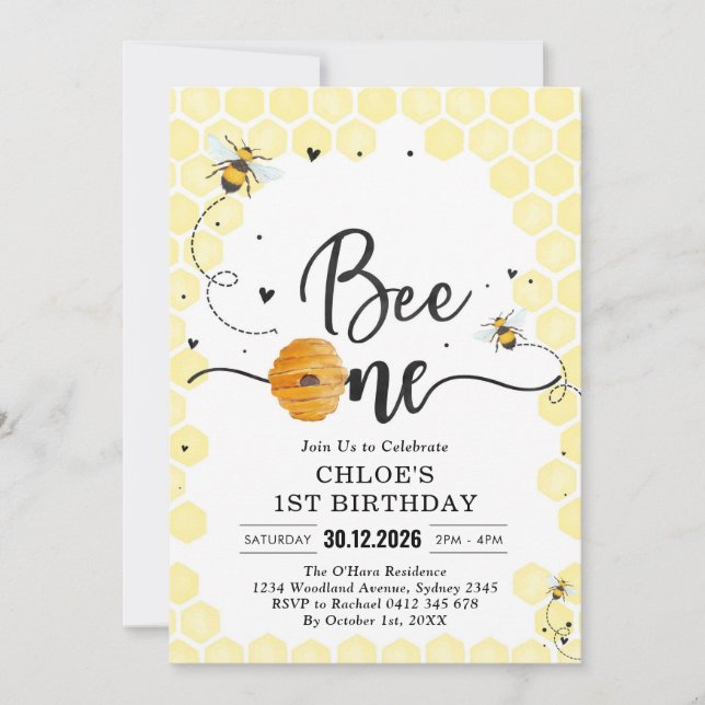 Bee One Honey Bee 1st Birthday Invitation (Front)