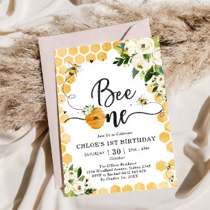 Bee One Honey Bee Floral 1st Birthday Invitation
