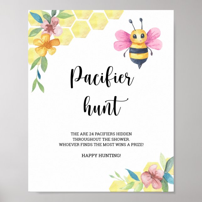 Bee - pacifier hunt baby shower game poster (Front)