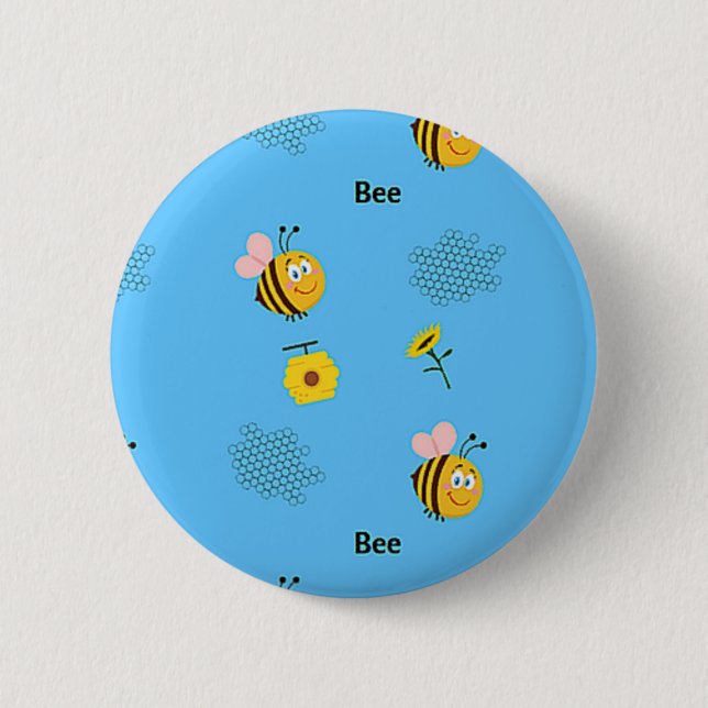 Bee pattern on blue 6 cm round badge (Front)