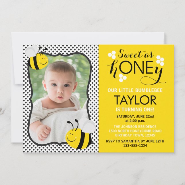 Bee Photo First Birthday Invitation (Front)