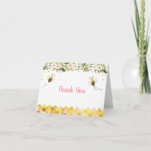 Bee Pink Gold Floral Birthday Thank You Card