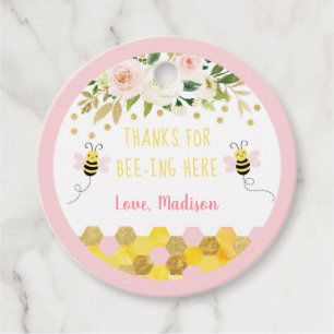 Bee Pink Gold Floral Birthday Thank You Favour Tags