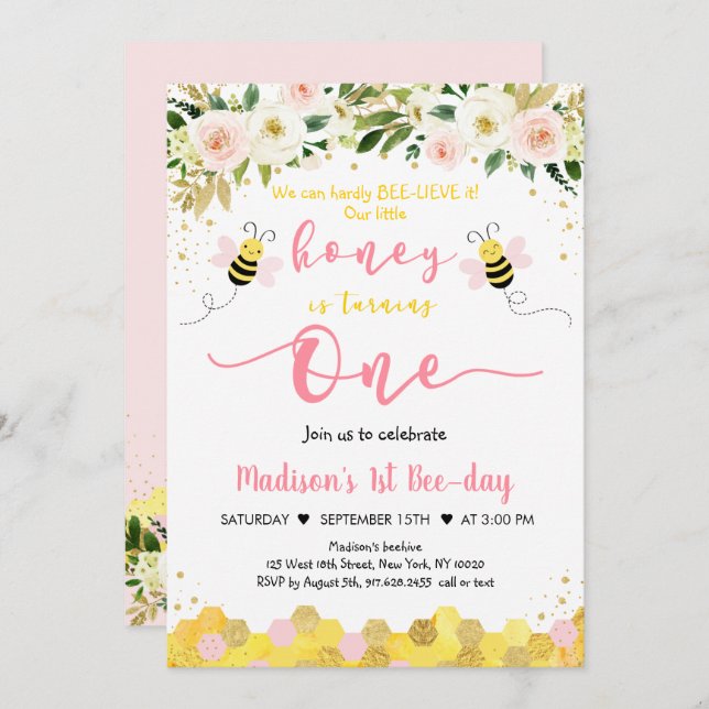 Bee Pink Gold Floral Girl First Birthday Invitation (Front/Back)